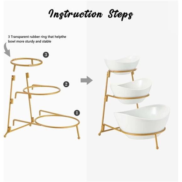 3Tier Bowl Set with Metal Rack, Ceramic Fruit Bowl Serving, Tiered Serving Stand - Picture 2 of 6